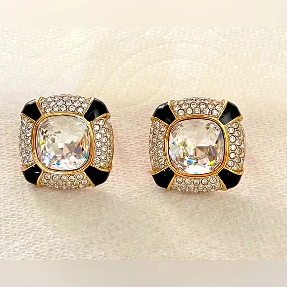 Swarovski Large Gold Plate Clip on Earrings Blk Enamel, Clear Crystal - Picture 1 of 8